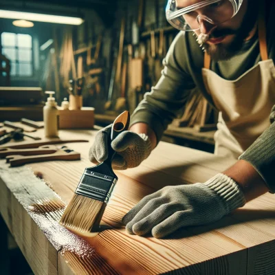 A chemical hardener being applied to a wooden surface with a brush